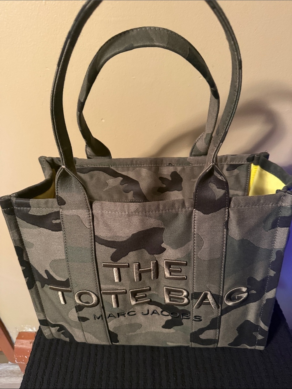 Marc Jacobs Camouflage Canvas Tote Bag in Gray and Black with Yellow Accent